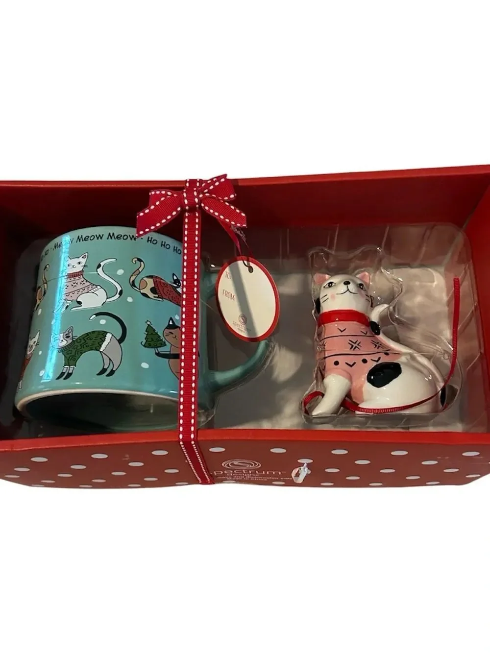 Spectrum Christmas CAT Mug & Matching Ornament Holiday Gift Box Set, Blue, NWT